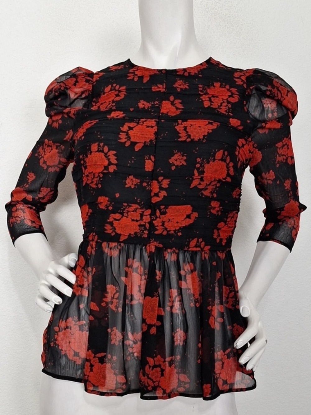 Zara Red & Black Floral Whimsigoth Romantic Semi Sheer Peplum Blouse Size XS